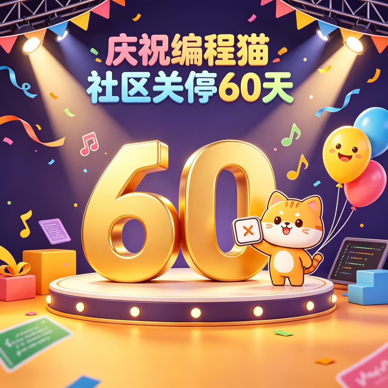庆祝编程猫社区关停 60 天：金色的 60 立在舞台上，编程猫举着一块打叉的牌子